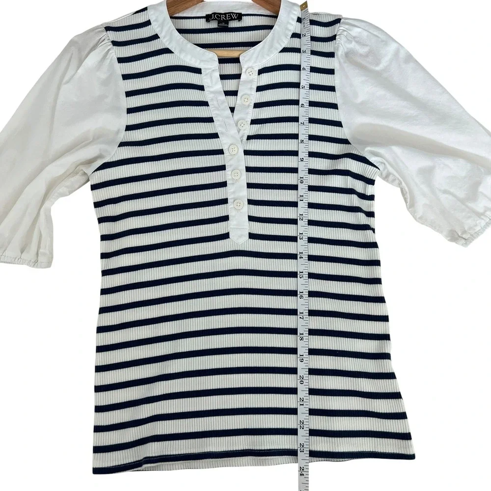 J.Crew Navy Blue Striped Rubbed Puff Sleeve Henley Blouse SZ M Nautical Coastal